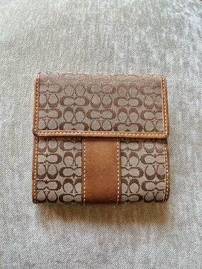 Coach Brown Signature Monogram y2k Leather Trifold Wallet